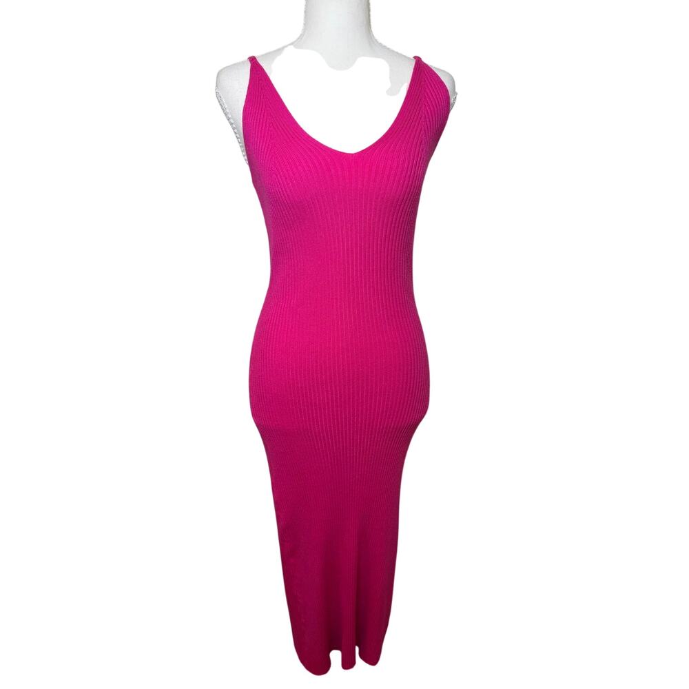 Freshman 1996 Hot Pink Ribbed Knit Bodycon Midi Dress Deep V